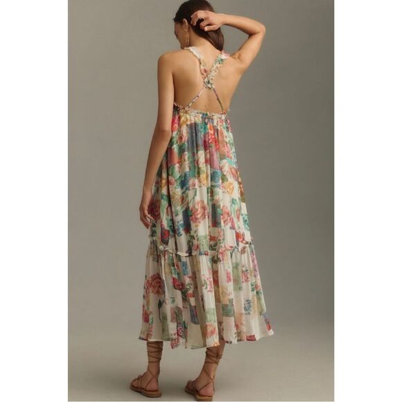 NEW By Anthropologie Floral Chiffon Shift Tiered Maxi Dress X-Small Small Large - Picture 2 of 4